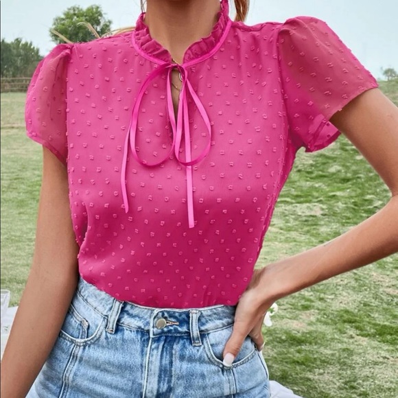 Boho redwood Swiss dot tie neck puff sleeve blouse - Picture 15 of 15